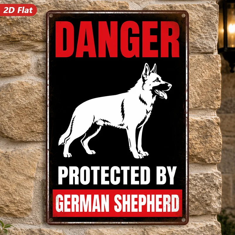 2D Flat, 1pc Guard Dog Warning Metal Sign Wall Art, Danger Warning Text, White German Shepherd Illustration, Home Decor,