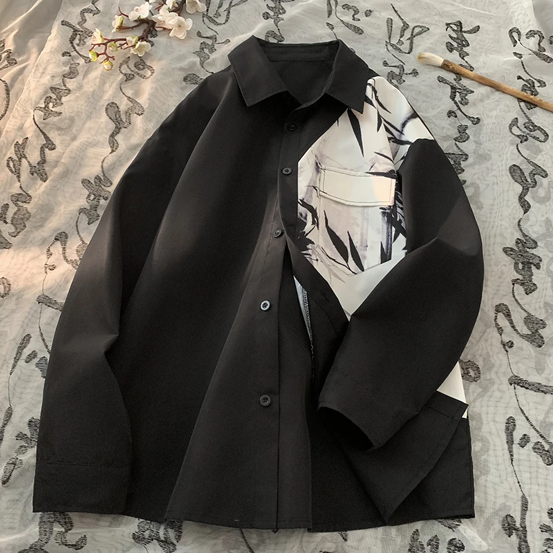 Men's Printed Shirt Asian Casual Ink Painting New Fall Long Sleeved Lapel Shirt Black And White Color Clash Shirt Jacket
