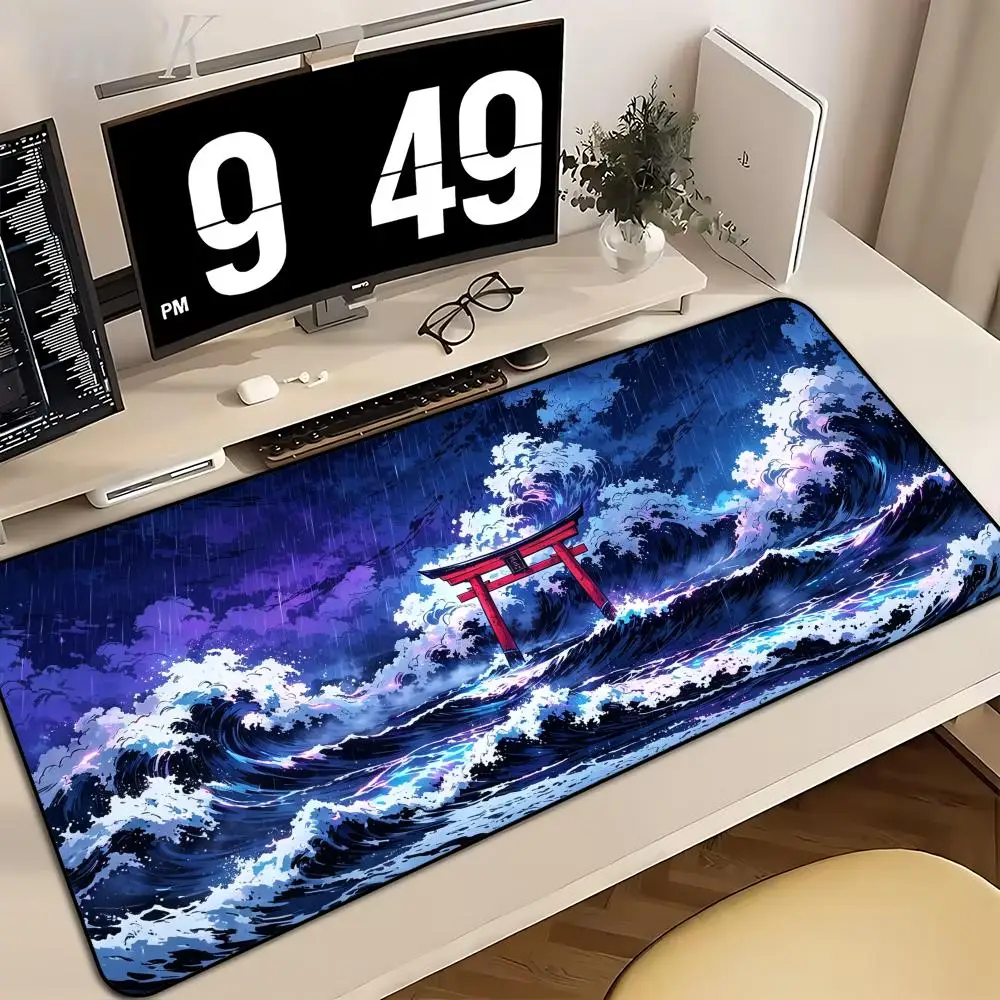 Large XXL Gaming Mouse Pad Desk Mat Keyboard Pad Night Rain Torii Gate Kanagawa Wave Ukiyo-e Anime Print Non Slip Gaming Setup