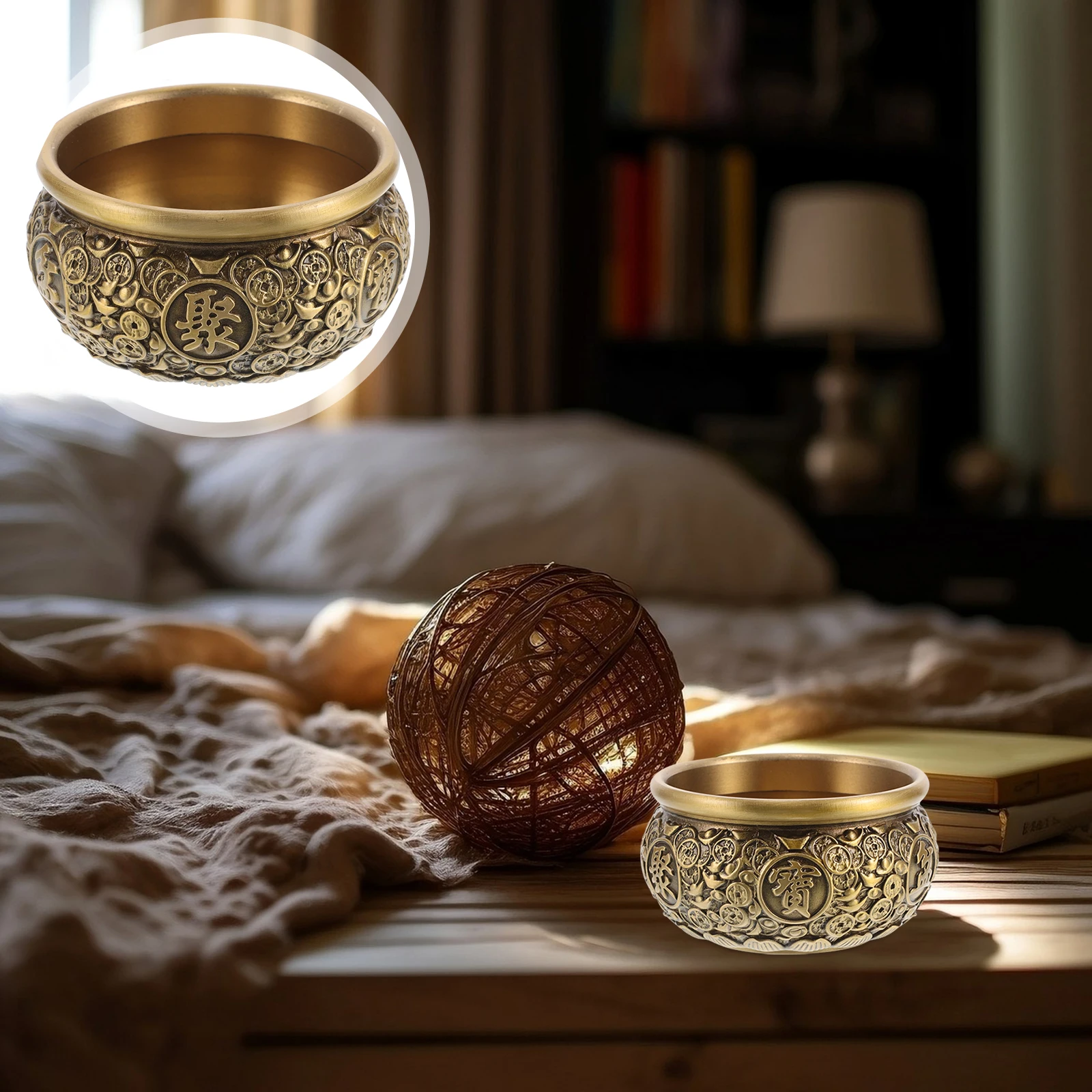 

Chinese Treasure Basin Vintage Copper Bowl For Wealth Lucky Money Holder Feng Shui Decor Ritual Bowl Home Ornament Kitchen