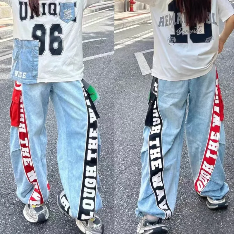 ANJY ฤดูใบไม้ร่วงใหม่ผู้หญิง Chic Streetwear DENIM Patchwork Letter พิมพ์ Drawstring Elastic เอวกางเกงสไตล์ตรงกางเกงยีนส์ A7709