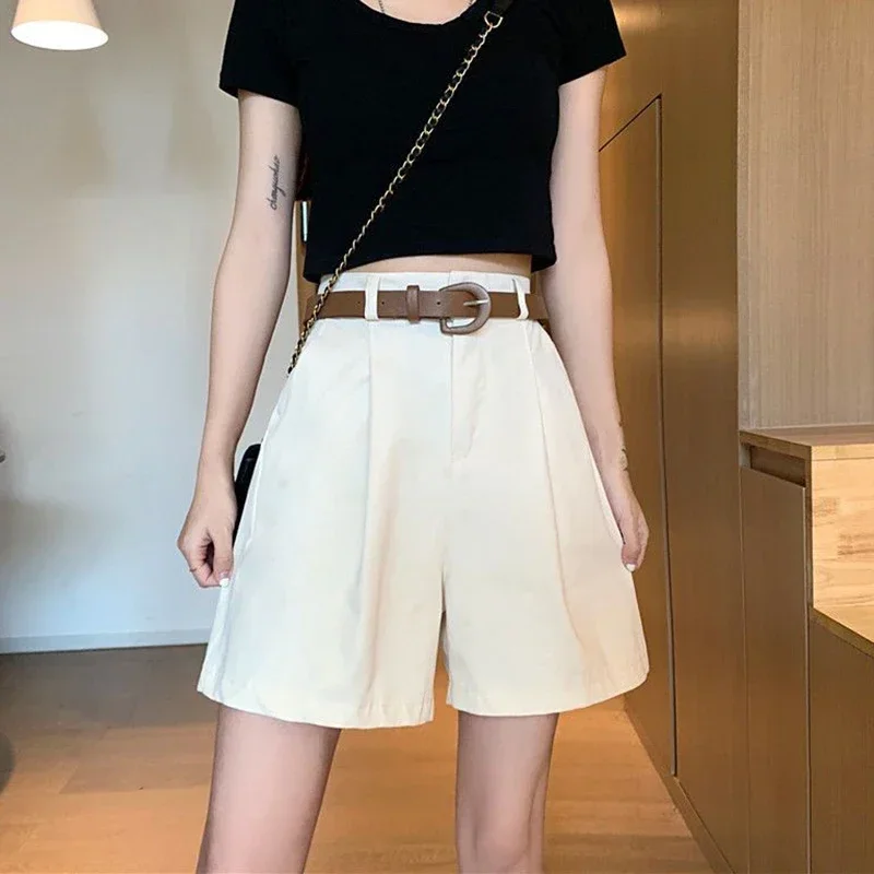 Women\' Summer Casual Shorts 2024 New Streetwear with Belt Cotton Wide Leg Shorts Female High Waist Straight Knee Length Pants