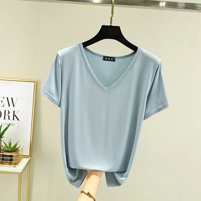 Summer women Modal V-Neck Tshirt Thin Bottoming T-shirts Plus size Loose tee tops Streetwear Basic Top