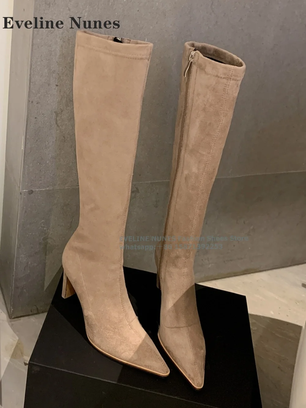 

Khaki Pointed Toe Splicing Knee-High Boots Solid High Heels Zipper Closure Concise Women Fashion Stretch Boots 2024 Winter Trend