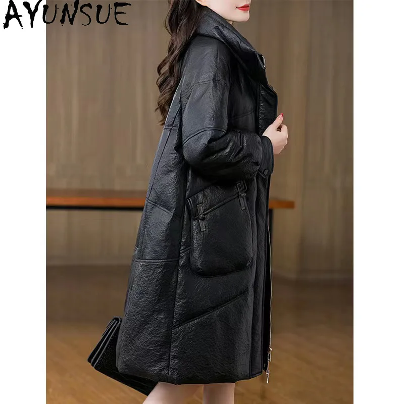 AYUNSUE Giacca in vera pelle da donna Trench di media lunghezza Cappotto in vera pelle di pecora Abbigliamento invernale da donna 90% Piumini d'anatra bianca
