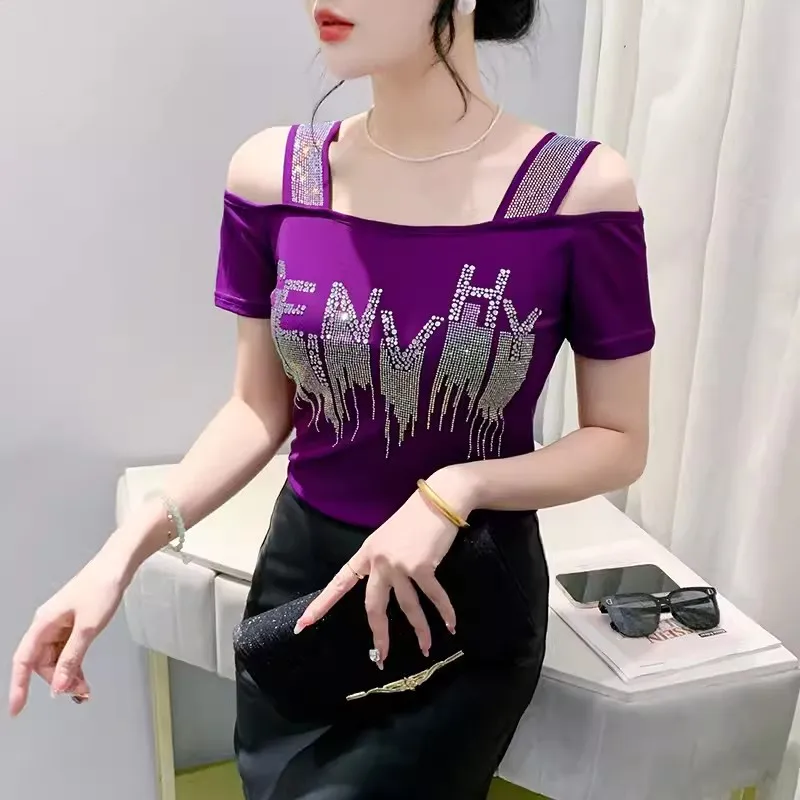 2025 New Arrived Ladies Clothes Sexy Off Shoulder Mesh T-Shirt High-End Letter Shiny Diamonds Shirts Women Summer Chic Tops Tees