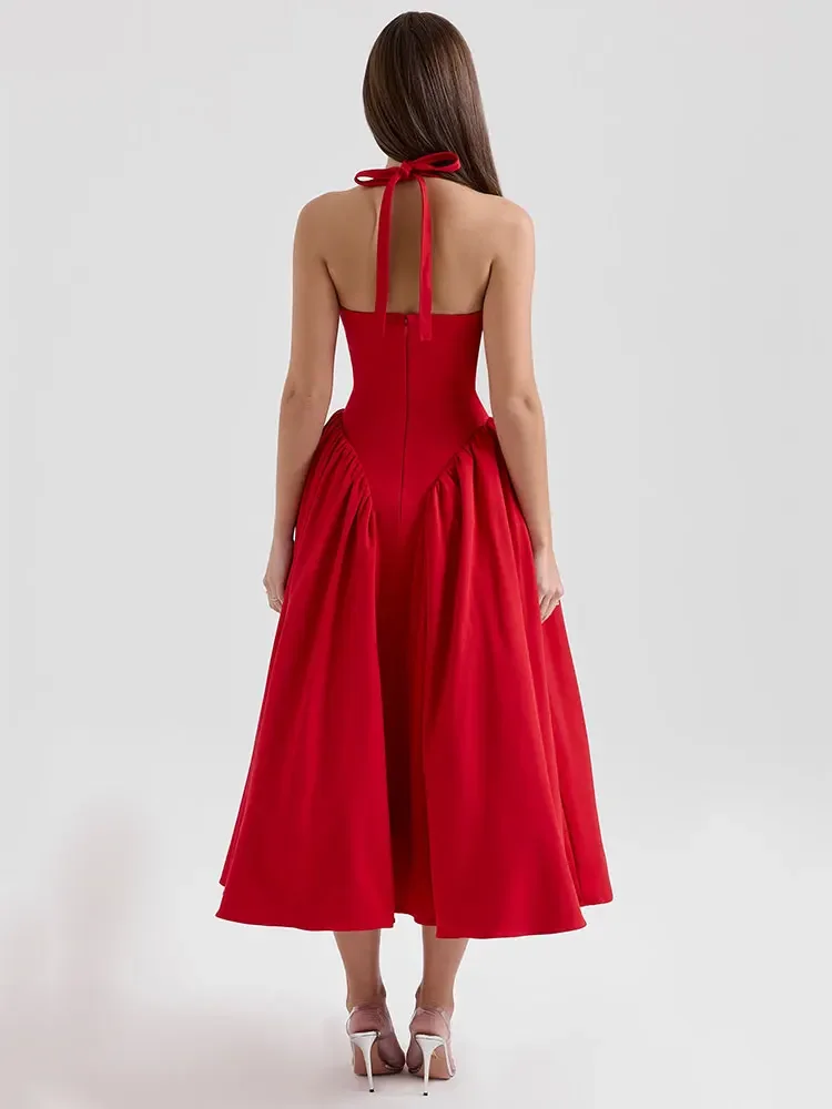 2025 nova dupla camada halter sexy midi vestido longo para as mulheres verão elegante plissado sem costas clube festa vestido de noite