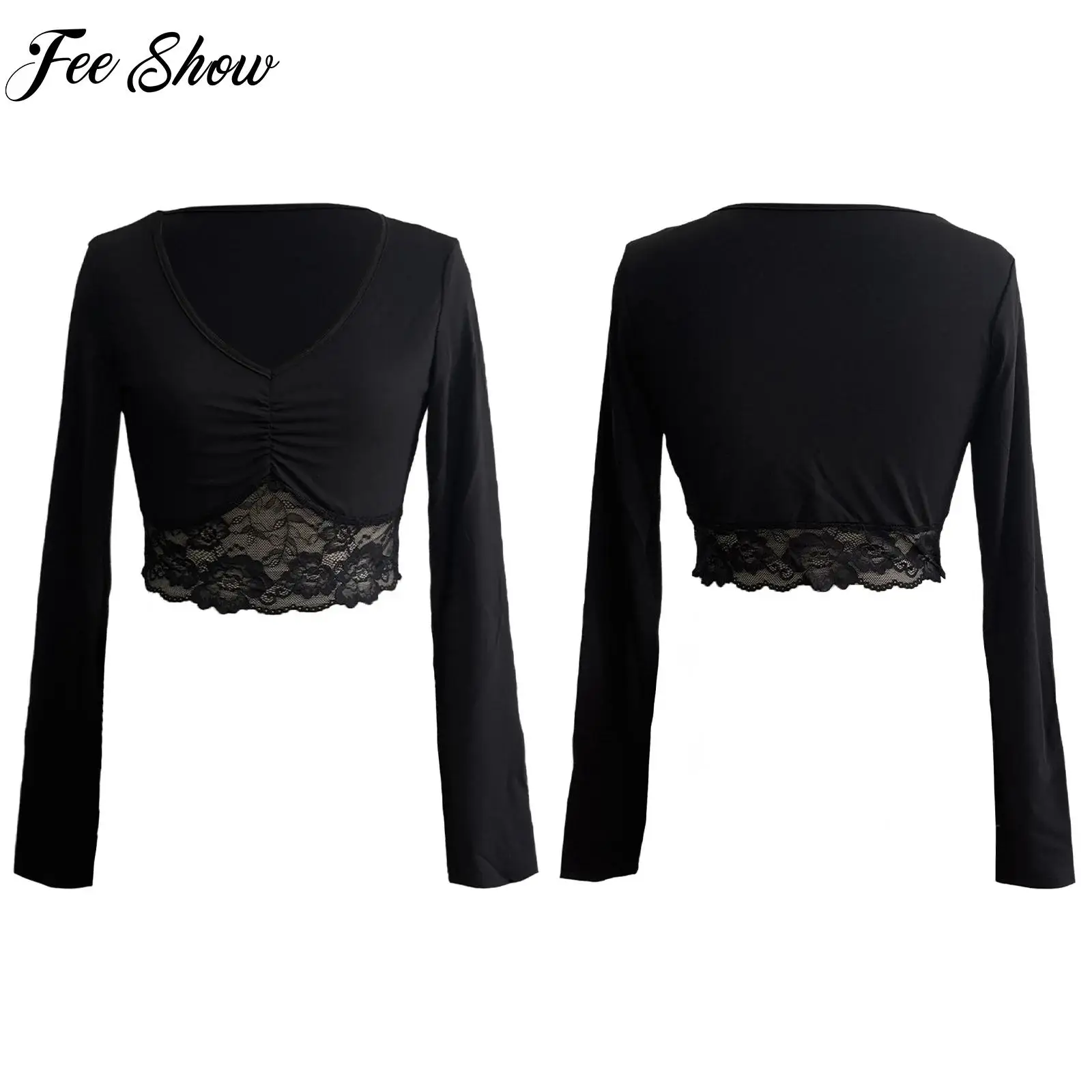 

Womens Fitness Clothes Lace Hem Crop Top Ruched V- Neck Long Sleeve T-shirt for Nightclub Dance Yoga Sports Workout Street Wear