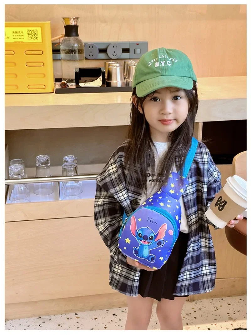 Kawaii Disney Stitch Children Chest Bag Small Cartoon Frozen Mickey Boy Girl Mini Outdoor Shoulder Bags Kid Zipper Wasit Bag