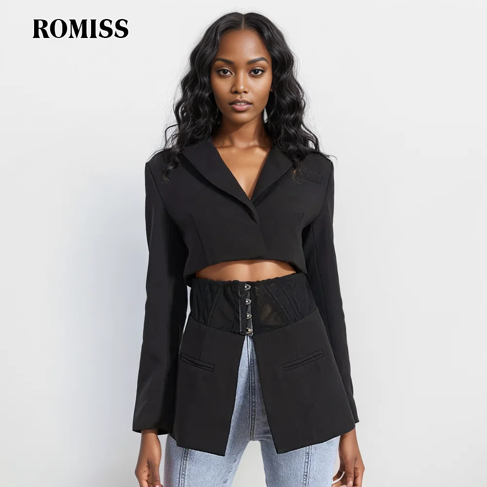 ROMISS Hollow Out Blazer For Women Notched Collar Hidden Breasted Long Sleeve Solid Patchwork Blazers Female Clothing Autumn