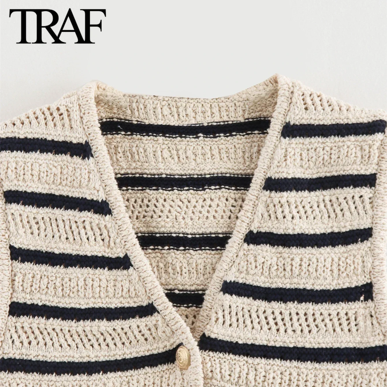 TRAF Women Fashion Summer New Striped Sleeveless Single Breasted V-neck Cardigan Knitted Sweater Vest Sweet Chic Ladies Tops