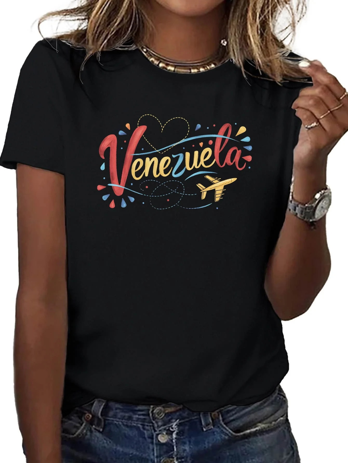 Women's Venezuela Graphic Print Tee with Airplane Hearts Design New Summer Short Sleeve Round Neck Harajuku Streetwear Women Tee
