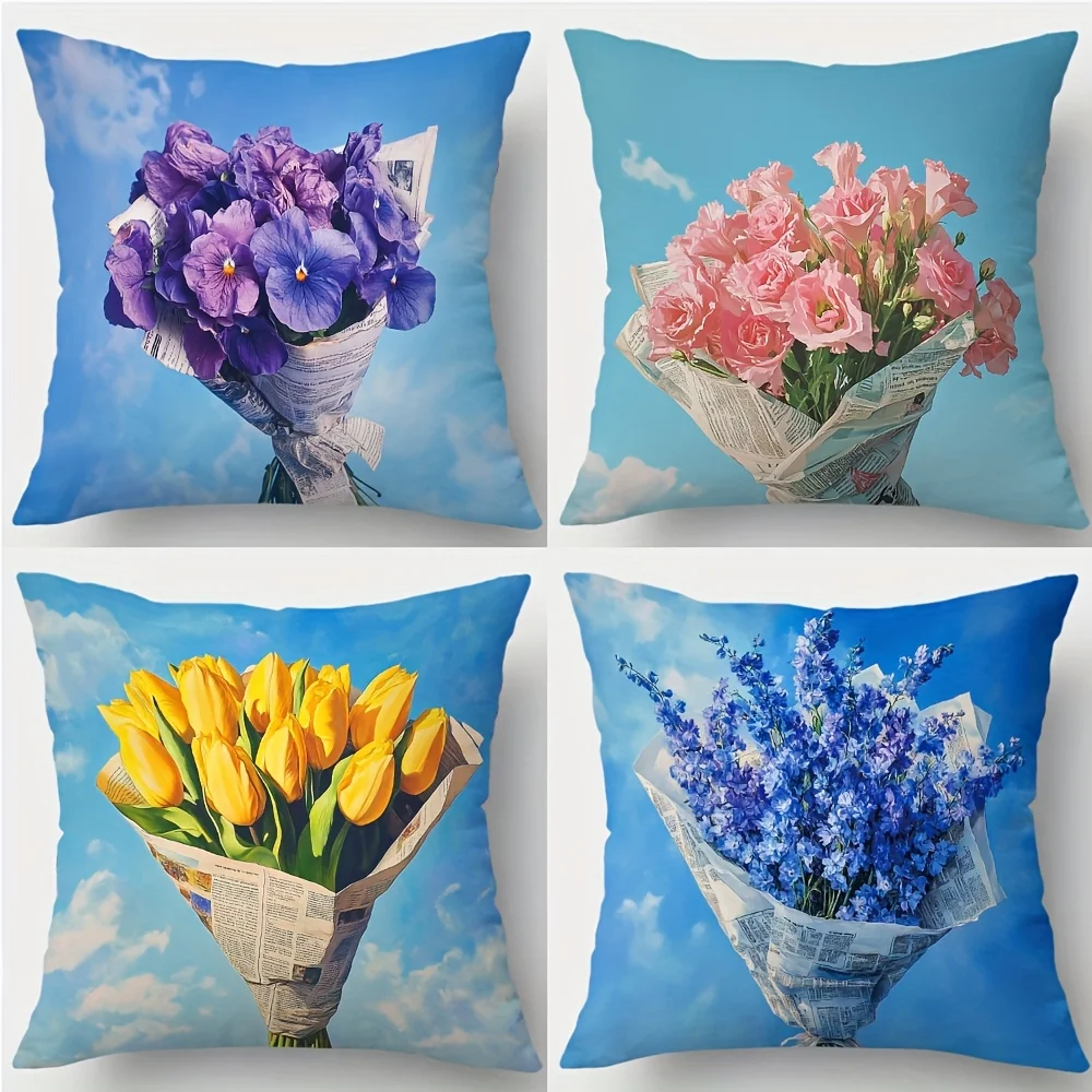 Premium Floral Print Pillowcase Cushion Covers Set 4pcs Bouquet Design Romantic Home Decor Art Accessories 45x45cm