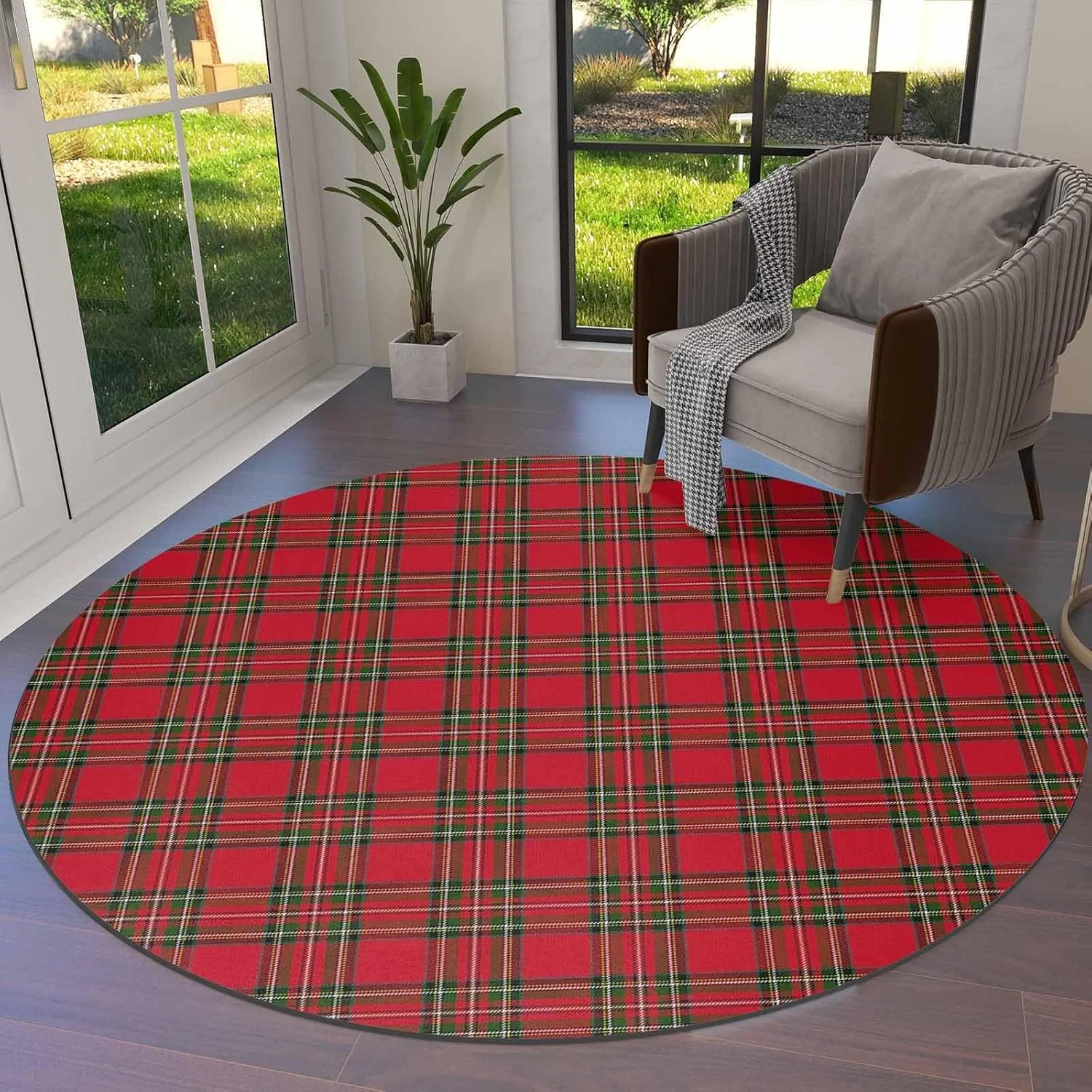 Christmas Round Area Rug Red Green Plaid Floor Carpets Washable  Floor Area Mat Stain-Proof Mat  Rugs for Living Room Bedroom