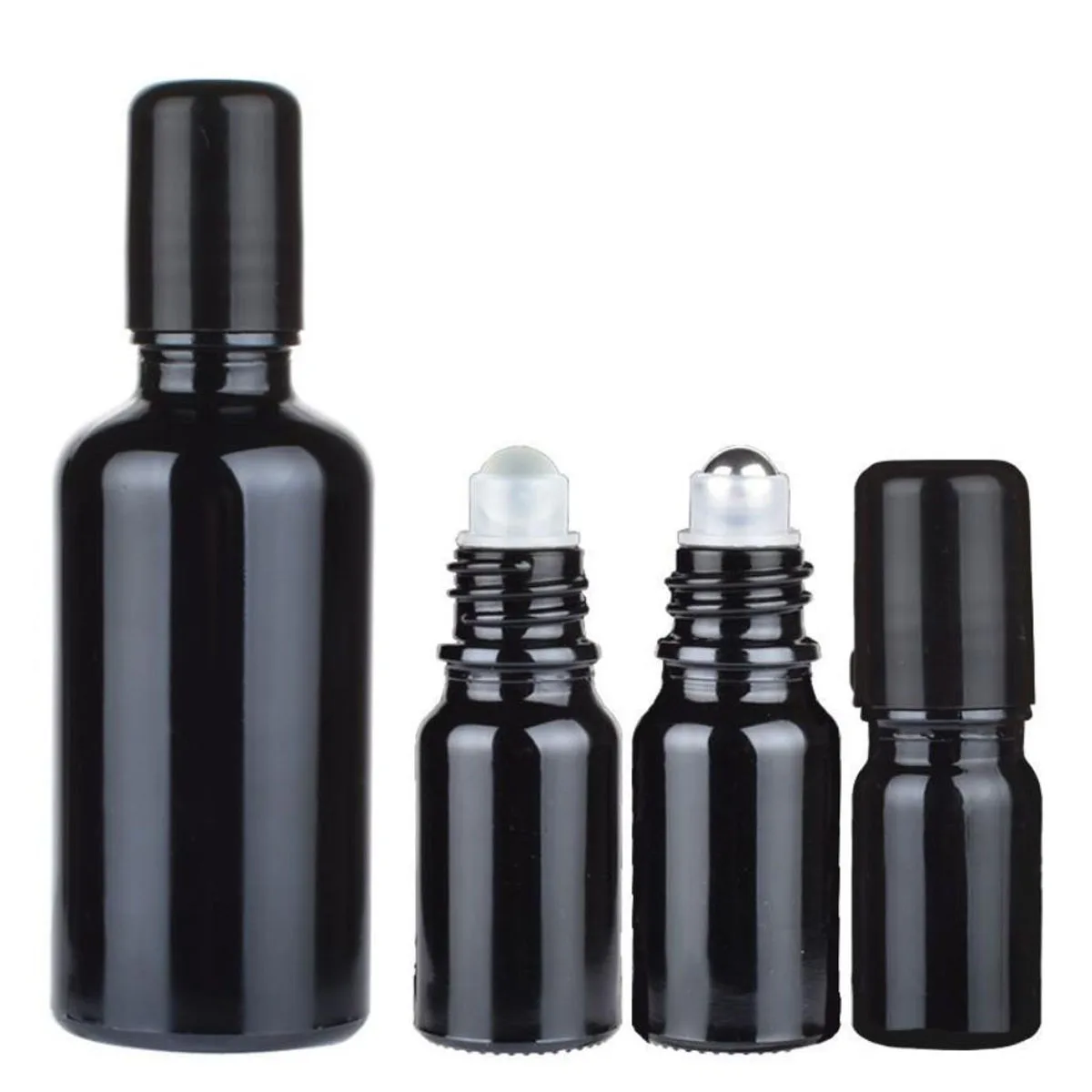 5/10/15/30/50/100ml Bright Black Thick Glass Roll On Essential Oil Empty Perfume Bottle Roller Stainless Steel Ball Refillable