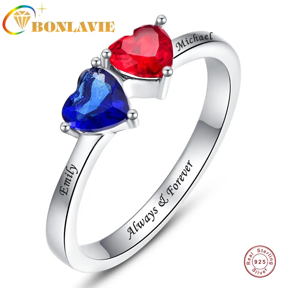 

BONLAVIE 925 Silver Ring Customized 3-claw Heart Zircon Gem 2 Birthstone 2 Names Text Women's Wedding Birthday Gift Jewelry