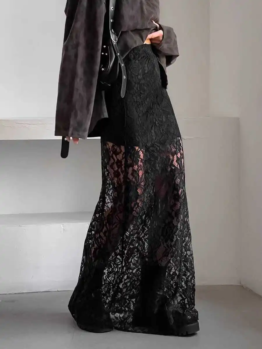 

Bla Sexy See-tough Lace High-waist Midi Skirt A-line Silhouette Long Skirt Pure Color Other Material High-waist Design
