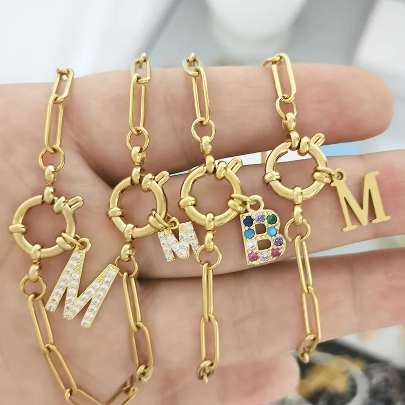 QMHJE Initial Charm A-Z Letters Bracelet Women Men Geometric Gold Silver Color Stainless Steel Chain Big Small Alphabet DIY