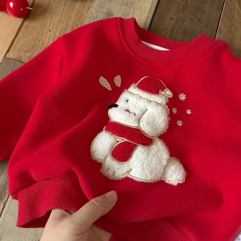 

Children's Puppy Red Autumn and Winter Sweatshirt with Velvet Cute Casual Girl Fashionable Headband Top
