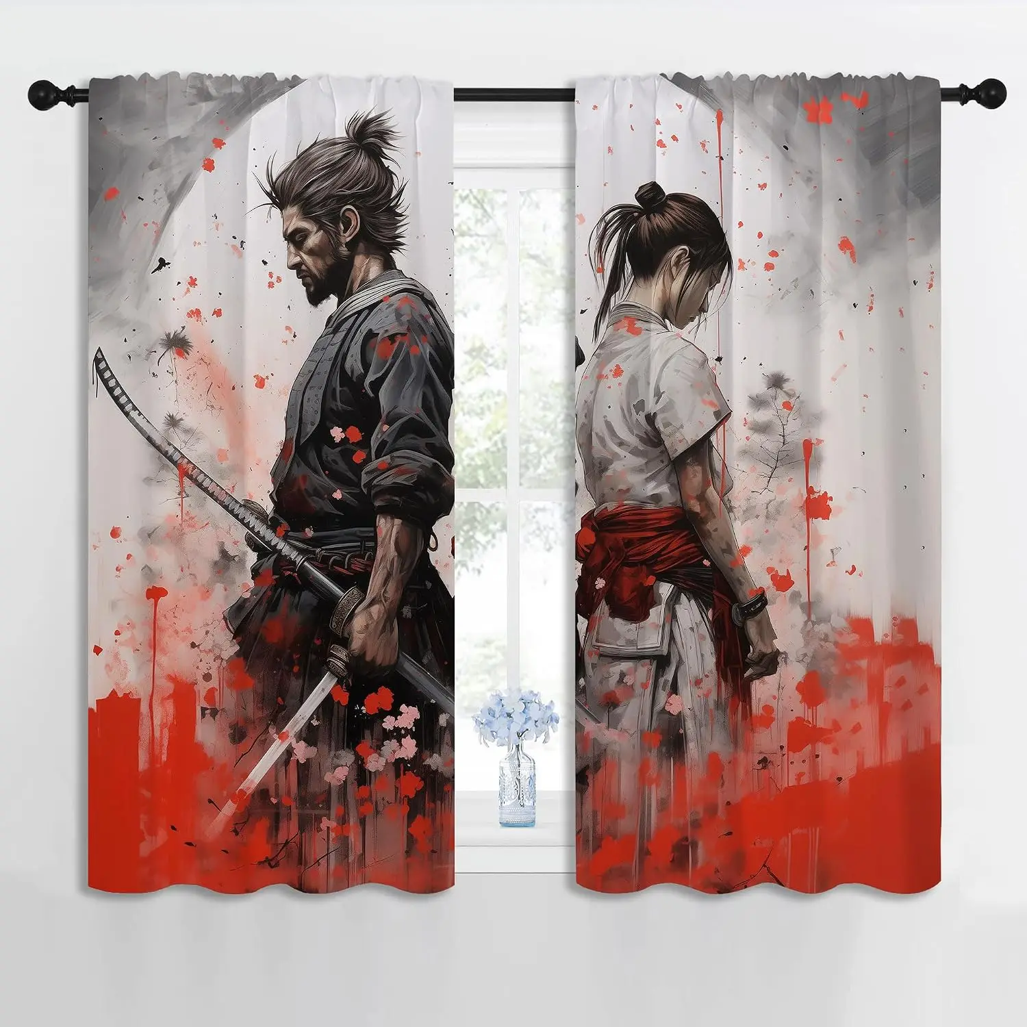 Polyester Anime Samurai Curtain Window Drapery Japanese Manga Warrior Art Decoration Home Room Background Screen