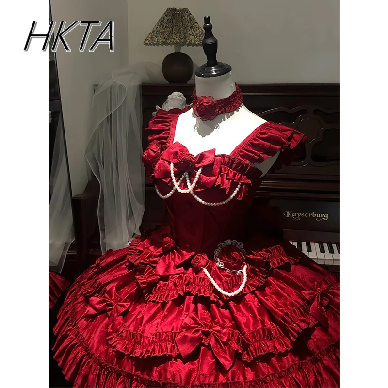 Gothic Elegant Hight Waist Slim Flying Sleeve Lolita Dress Womens Sweet Bow Pearl Princess Dresses Wedding Red Ball Gown Dress