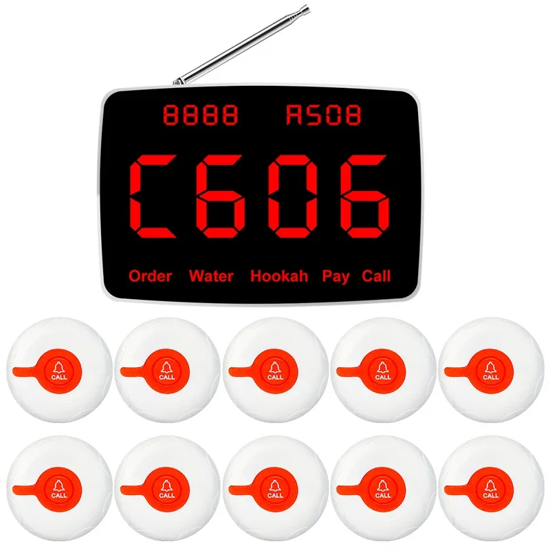 QWICALL Wireless Waiter Calling System 10 Waterproof Table Call Buttons 1 Display Monitor Receiver for Restaurant Bar Cafe