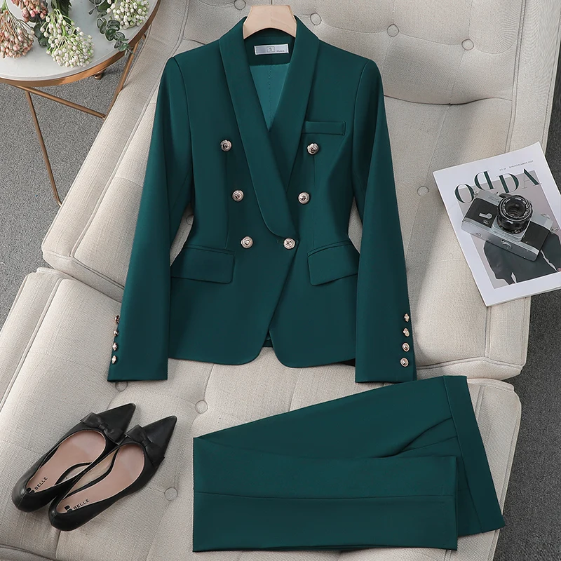 NAVIU Female Uniform Business Suits With Pants Elegant Office Blazer Set For Women Work Wear Pants Suit Claret Red Green Black