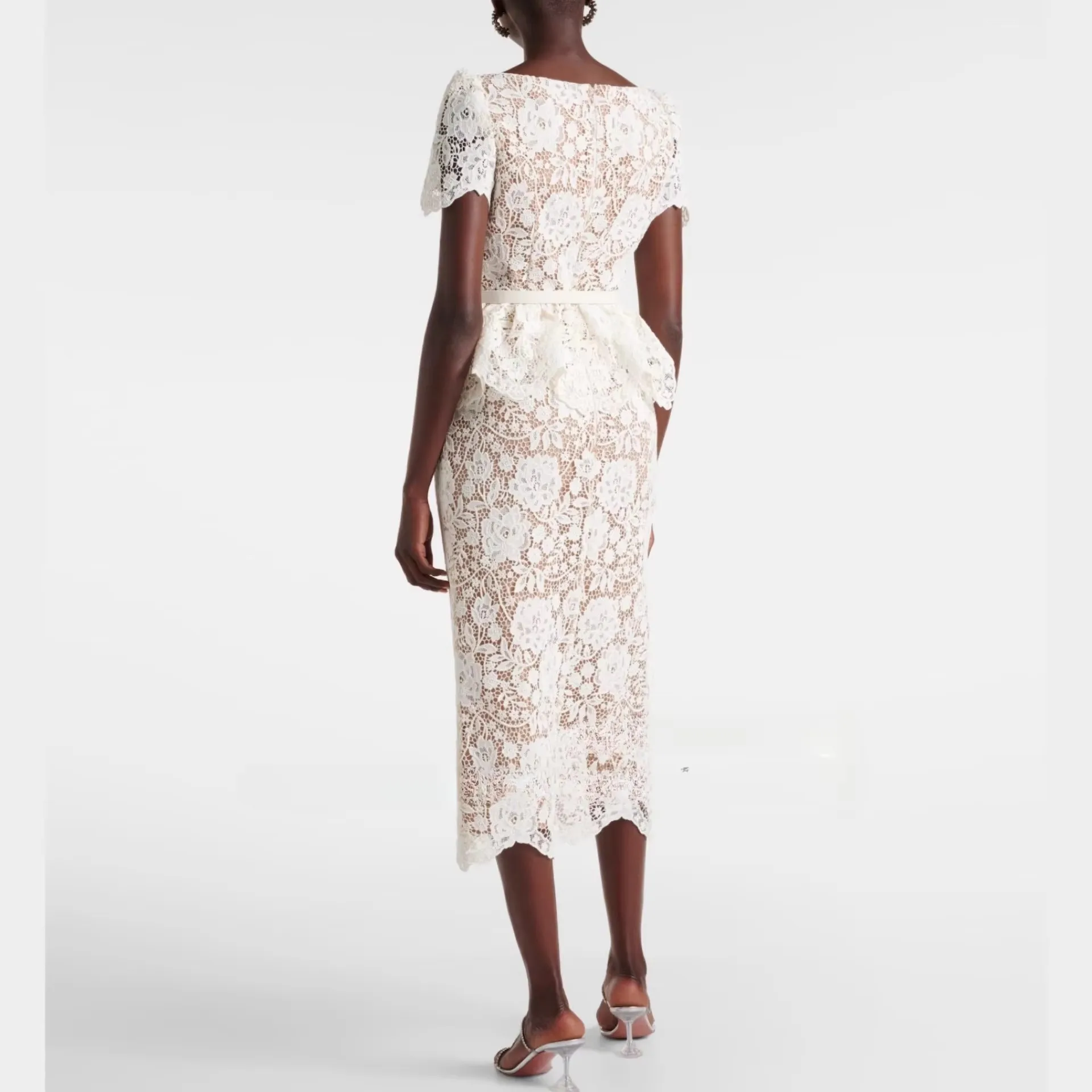 Fashion Chic Lace Bodycon Slim for Women Summer Designer Luxury Short Sleeve Ruffles Midi Long Pencil Dress Vestidos Femme