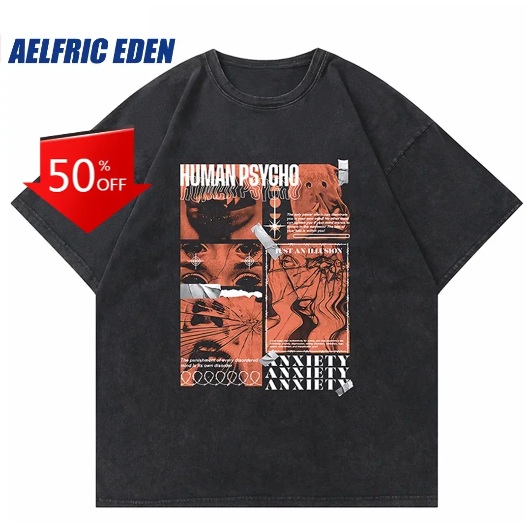 Streetwear Hip Hop Oversized T Shirt Human Anxiety Graphic T-Shirt Harajuku Cotton 2023 Men Summer Punk Washed Tshirt Loose Top