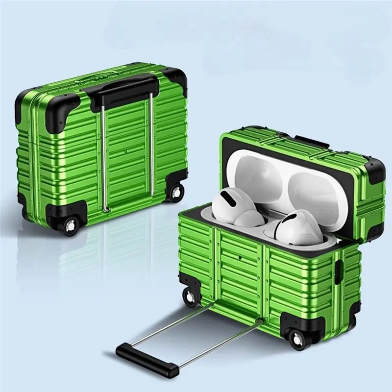 T23C Trendy Individual Suitcase For Airpods 4 Protective Luggage Case Drop-Proof Headphone Storage Integrated Phone Stand Green