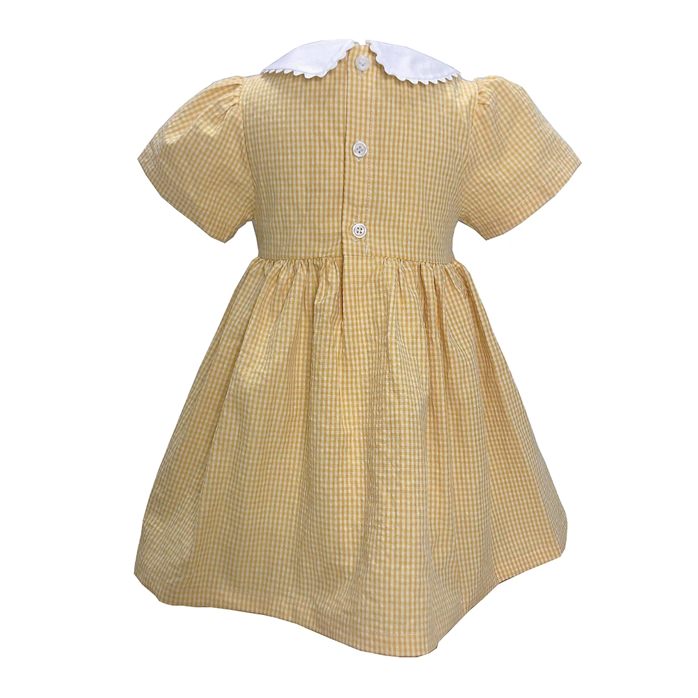 Children Boutique Clothing Summer Girls Short Sleeves Yellow Plaid Embroidered Chick Cotton Dress Cute Skirt Siblings Outfit