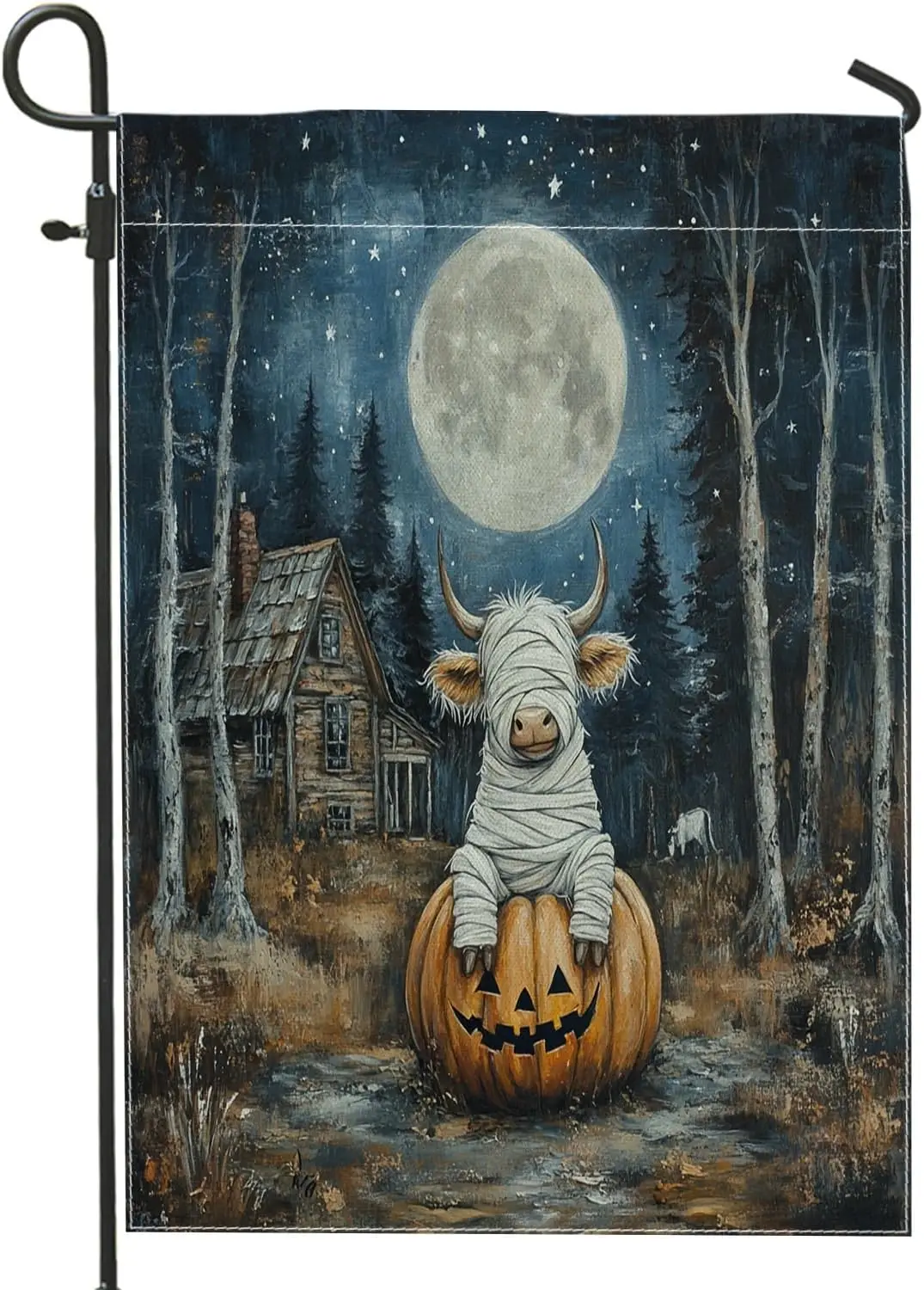 Halloween Highland Cows Front Yard Backyard Burlap Garden Flags 12x18 Double Sided for Outside, Funny Mummy Forest Small Hou yyi