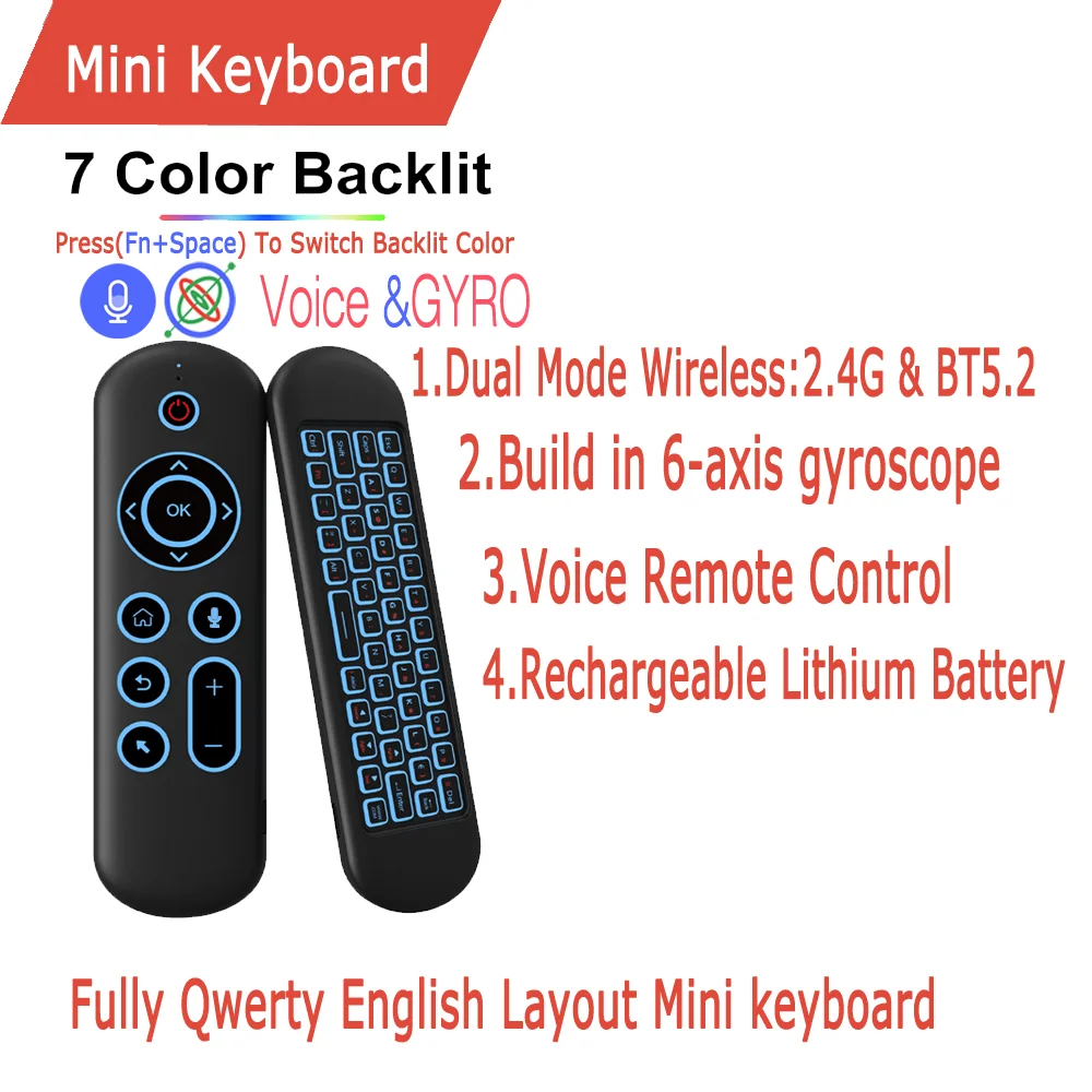 Remote Control Air Mouse Voice Gyroscope 7 Color Backlit Mini Keyboard Dual Mode 2.4G BT5.2 Wireless For Android Smart TV Box PC