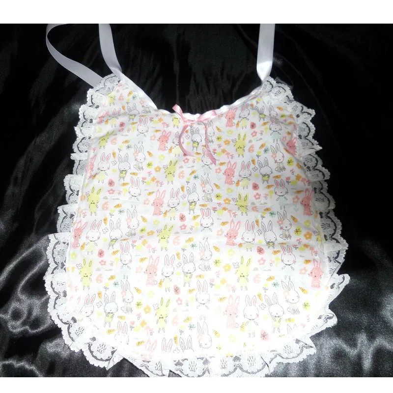 Waterproof ABDL Sissy Bib Bunny Pattern Lace Trim Satin Bows Adult Burp Cloths Anti-dirty Saliva Towel DDLG Feeding Bib Adjusab