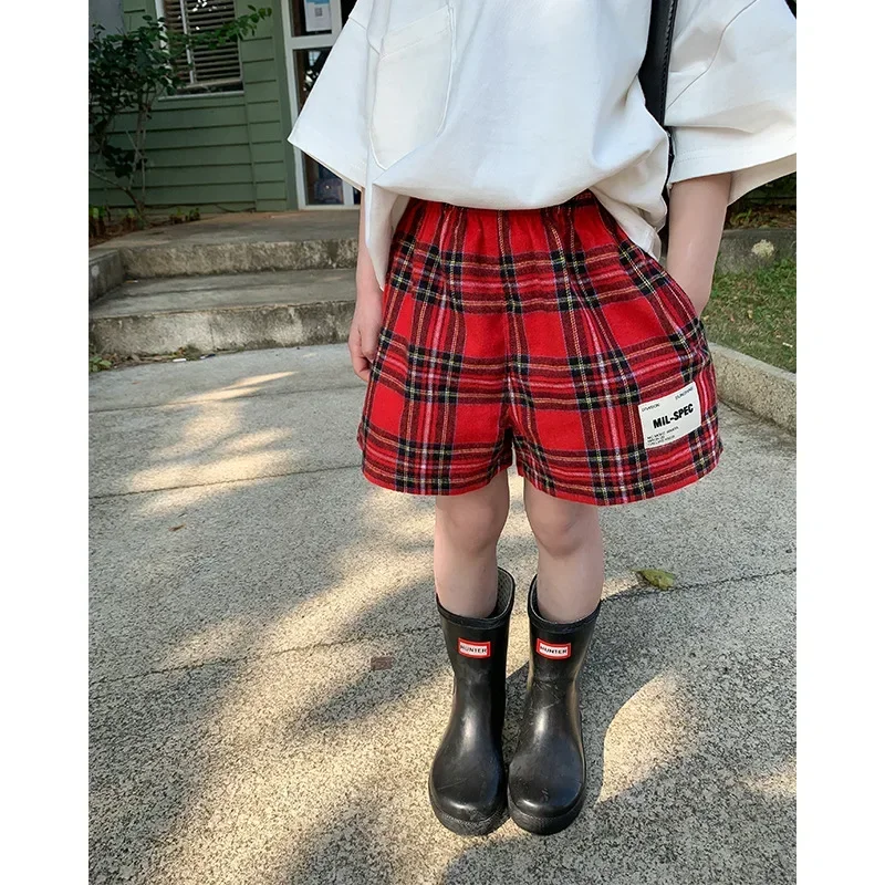 2024 Spring Autumn New Children's Clothing Girls' Red Checkered Pants Korean Shorts Children's Shorts Girl Baby Culottes