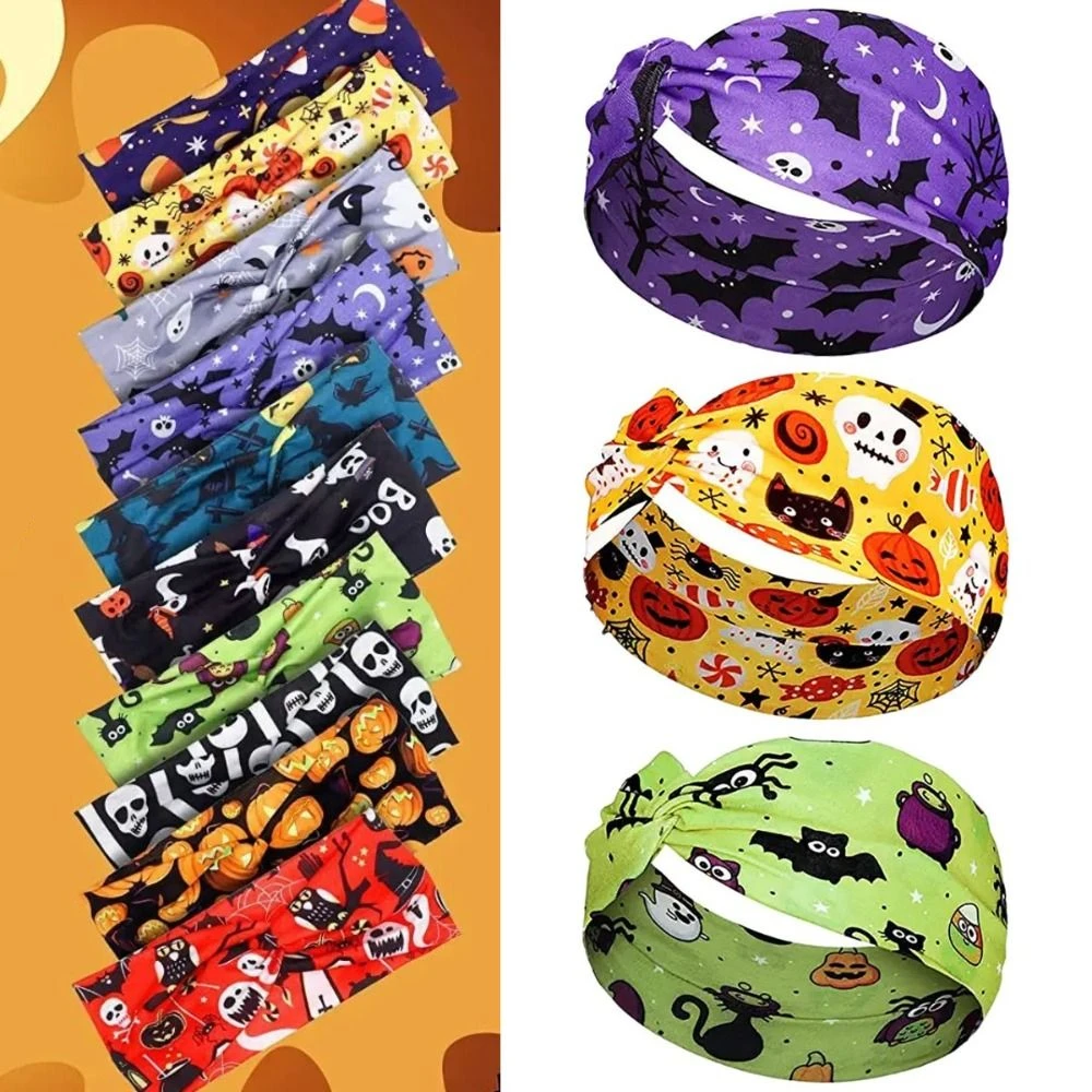 Vintage Knot Elastic Turban Wide Edge Soft Bat Print Wide Headbands Cross Headband Unisex Bandanas Elastic Headband Dance