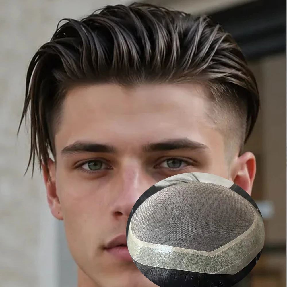 Realistic Mens Toupee Breathable Mono Top&Vloop PU Poly Hairpiece Top Quality Silky Straight Human Hair System Prosthesis Brown