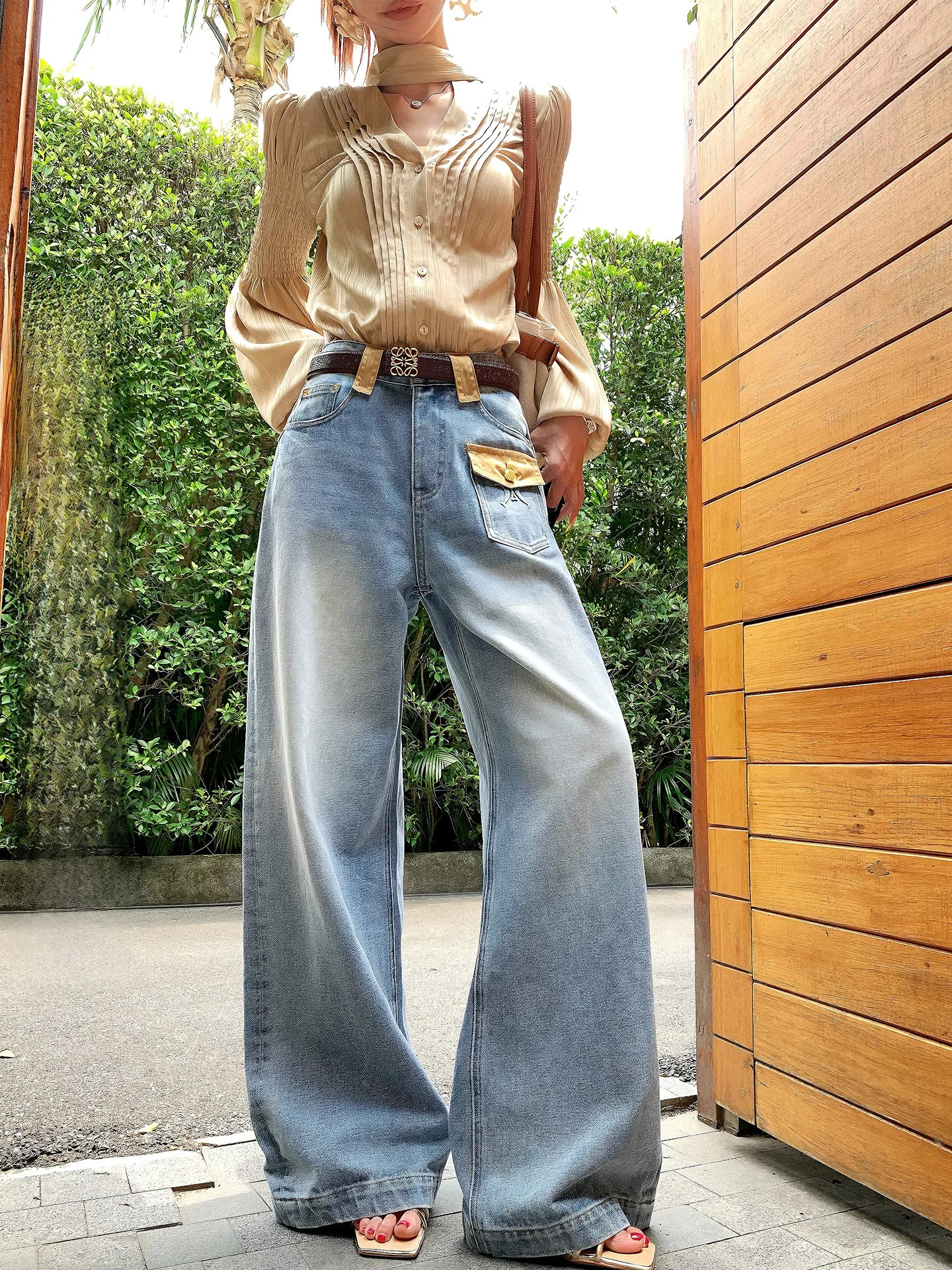 

Wan Jun Li【Sailin Divine Pants】100% Cotton American Style Heavy Duty Washed Pocket Design Straight Leg Denim Jeans Women