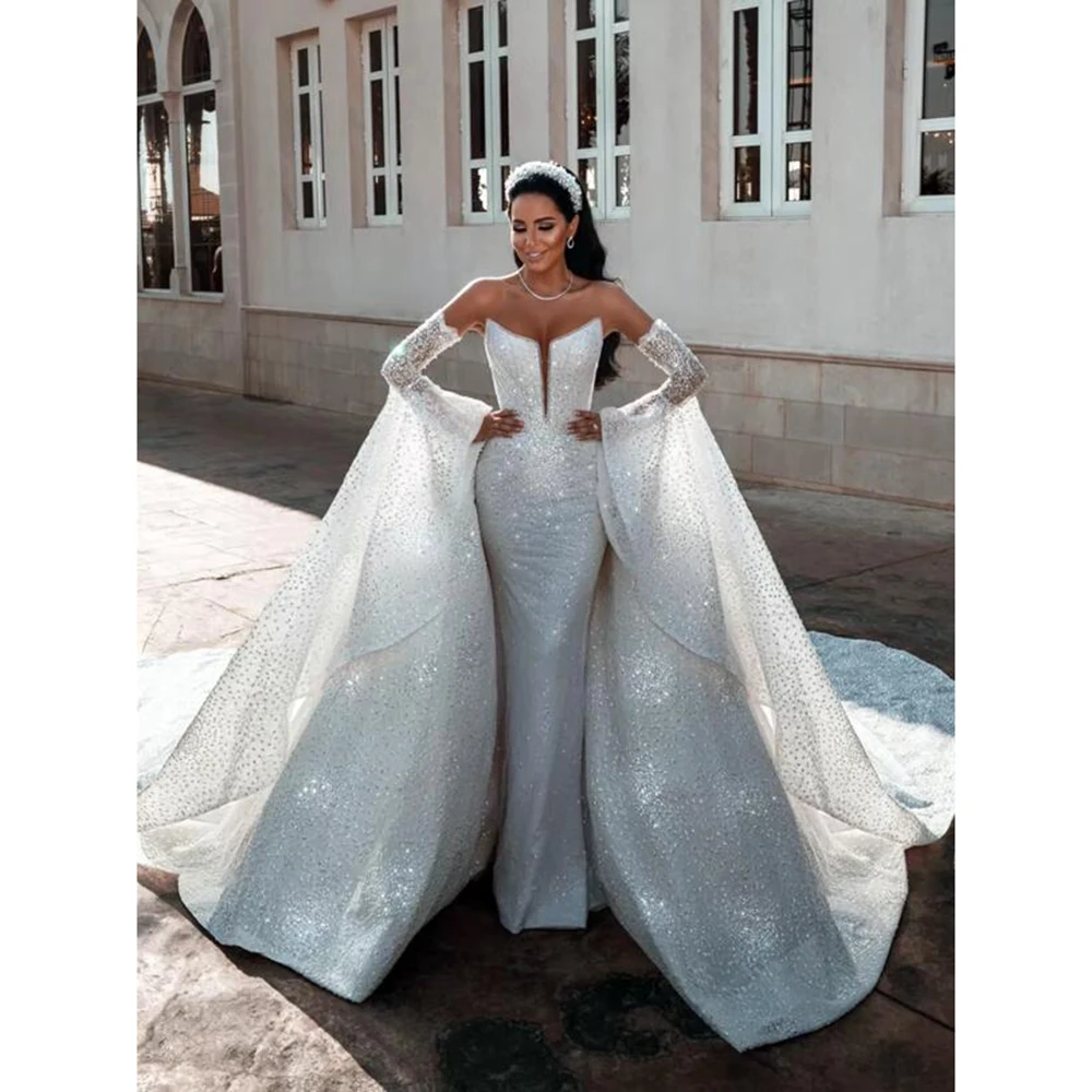 Luxury Wedding Dresses V-neck Floor Length Mermaid Three Quarter Sleeves Pearls Sequins Detachable Train Women Banquet Gowns