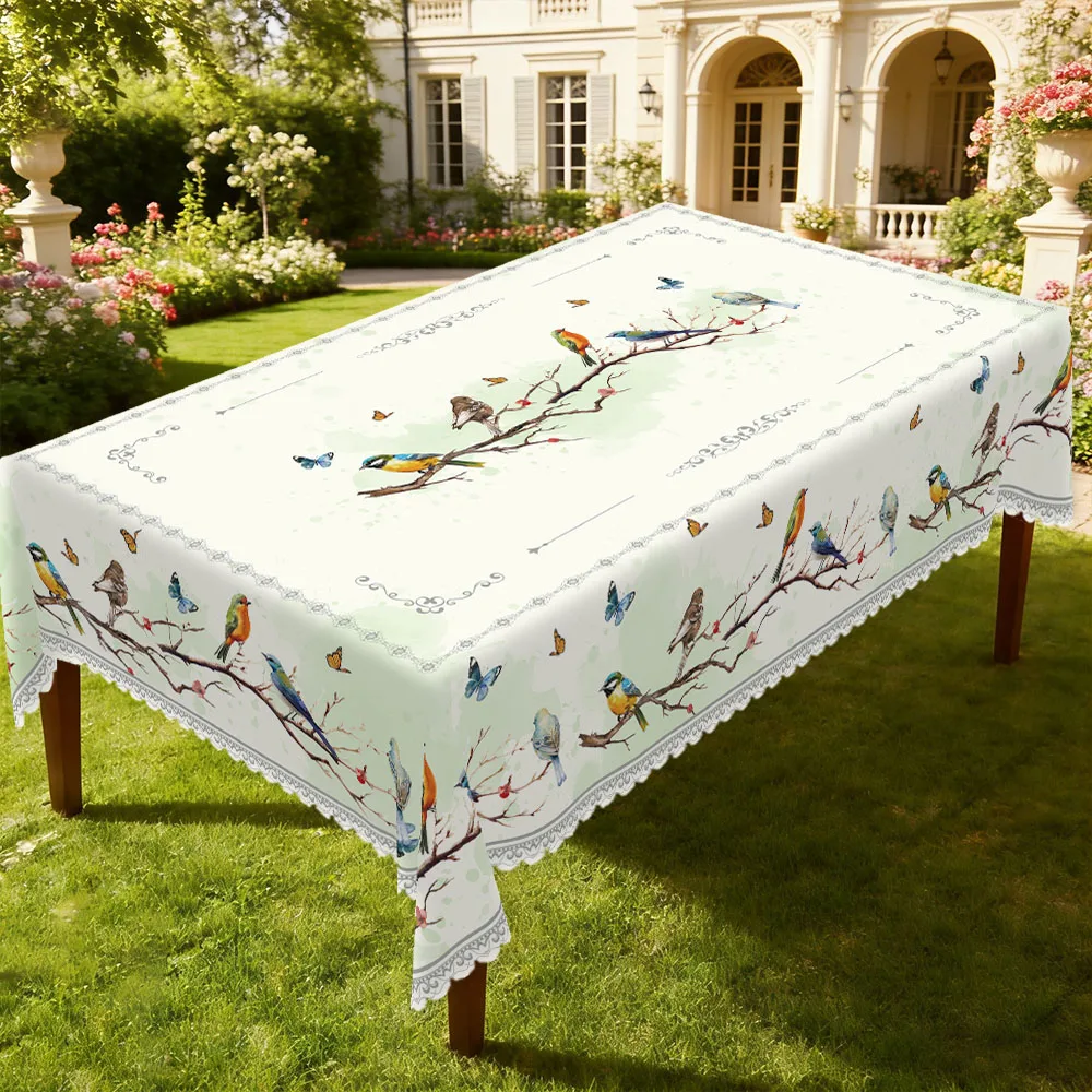 1 Piece of Fresh Floral and Bird Print Tablecloth in Round and Rectangular Shapes, Available in Various Sizes, Featuring Lively Colorful Birds and Fluttering Butterfly Wings Interwoven with Springtime Scenery, Paired with Soft Floral Branches and Lightly Colored Printed Tablecloths, with Embossed Edges, Suitable for Home Dining Rooms, Outdoor Picnics, Spring Atmosphere Decoration, and Spring and Summer Home Decor