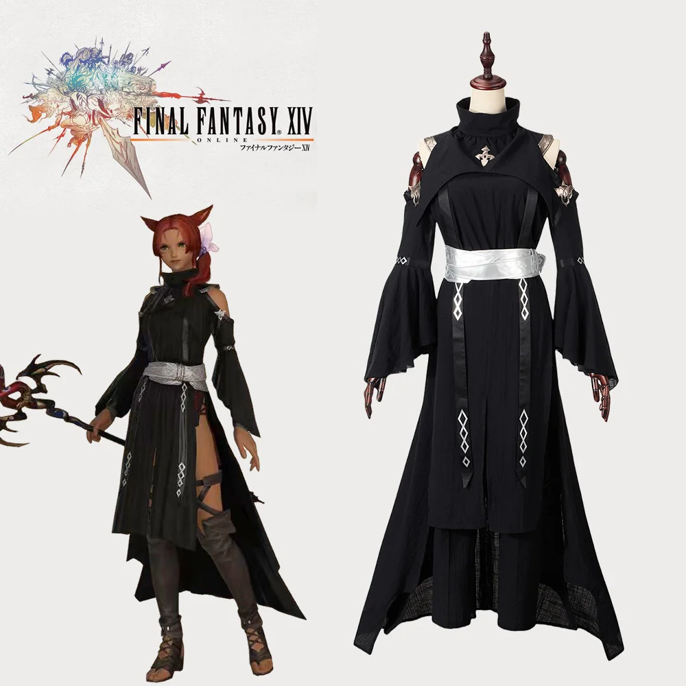 FF14 Asphodelos Chiton of Healing Black Costume Cosplay Costume Black Dress Pants Headgear Halloween Outfits