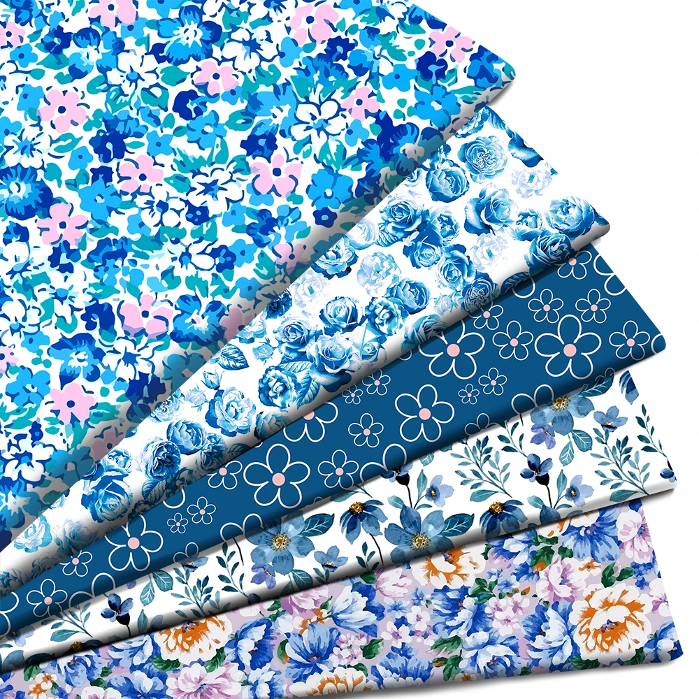 50*145cm Blue Leaves Flowers Floral 100% Pure/Polyester Cotton Satin Material Patchwork Sewing Fabric Quilt Needlework DIY Cloth