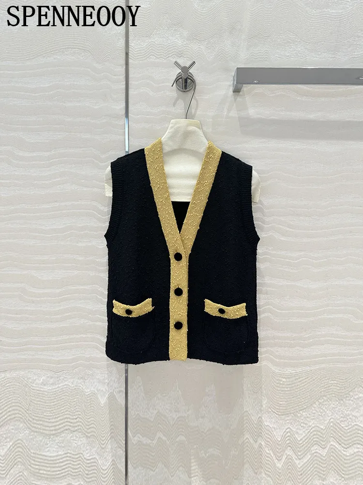 SPENNEOOY Fashion Runway Spring Summer Straight Barrel Cardigan Women's V-Neck Sleeveless Button Pocket Single Breasted Cardigan