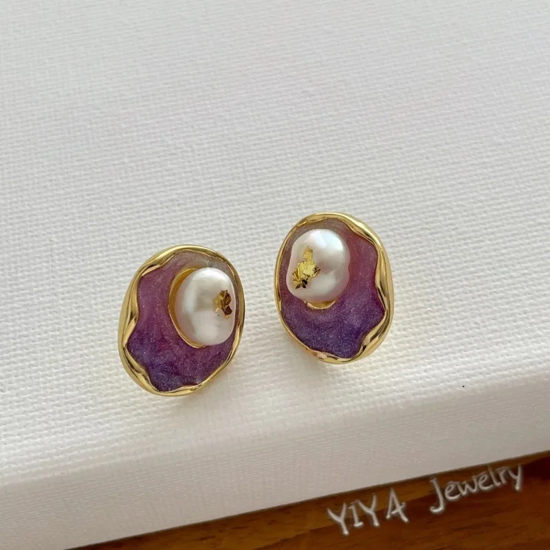 مينار جديد شيك لؤلؤ المياه العذبة الأزرق الأرجواني المينا هندسية غير النظامية وأقراط للنساء سبائك مطلية بالذهب مجوهرات الزفاف