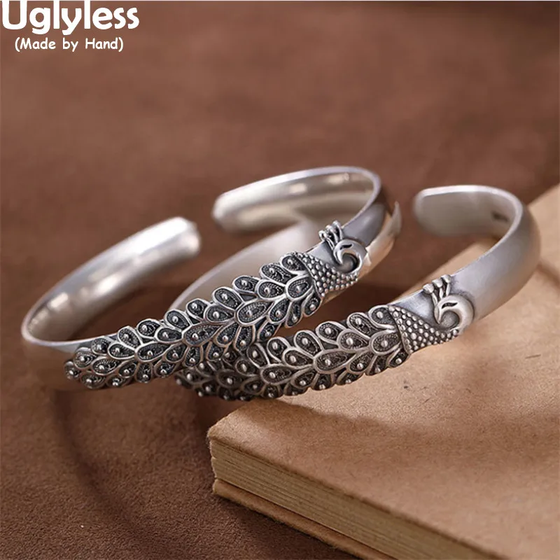 

Uglyless Thai Silver Vintage Handmade Peacock Bangles for Women Real 999 Full Silver Animals Phoenix Open Bangles Ethnic Jewelry