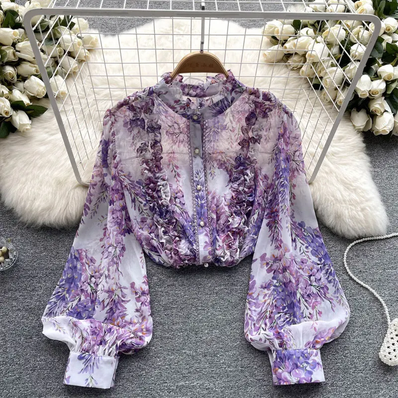 French Style Elegant Stand Collar Blouse Single-breasted Casual Lace Spliced Spring Autumn Women\'s Clothing Folds Shirring Shirt