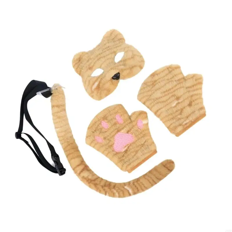 2025 New Therians Mask and Tail Gloves Halloween Cosplay Costumes Accessories Cats Mask Half Face Furs Foxes Tail Cats