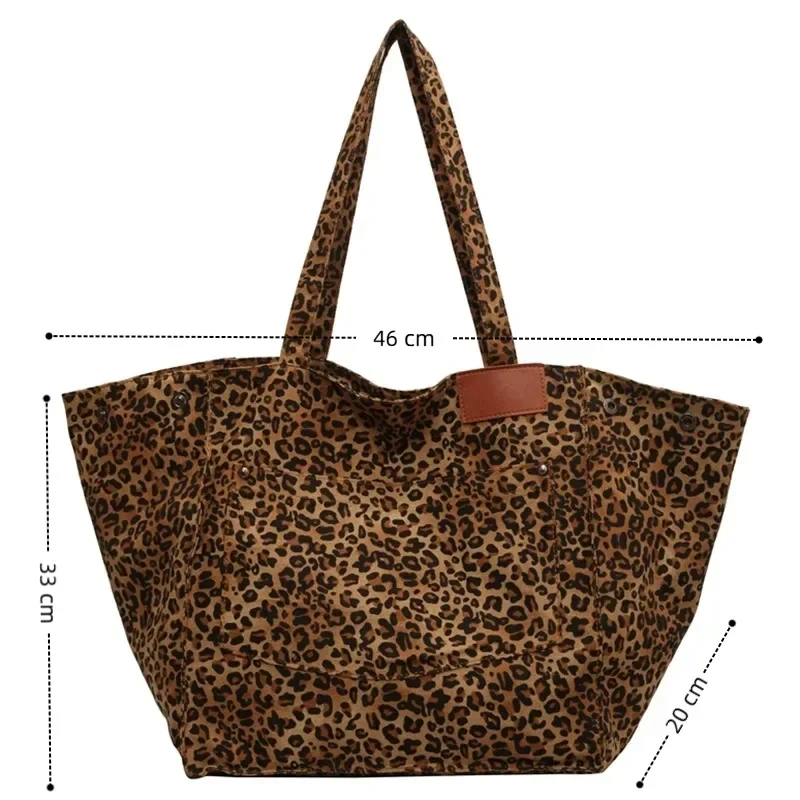 Bolsa tote com estampa de leopardo, bolsa de ombro de lona vintage, bolsa fashion de grande capacidade para compras de trabalho escolar