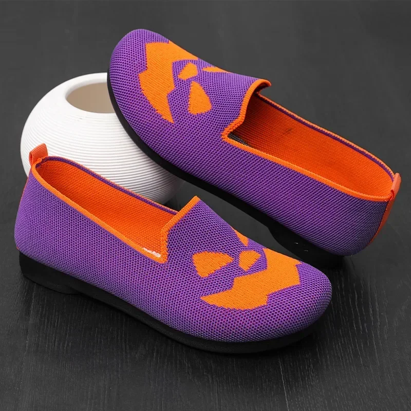 Zapatos de cara sonriente de calabaza de Halloween para mujer, nuevos zapatos planos, ligeros, cómodos, transpirables, para caminar, 2024