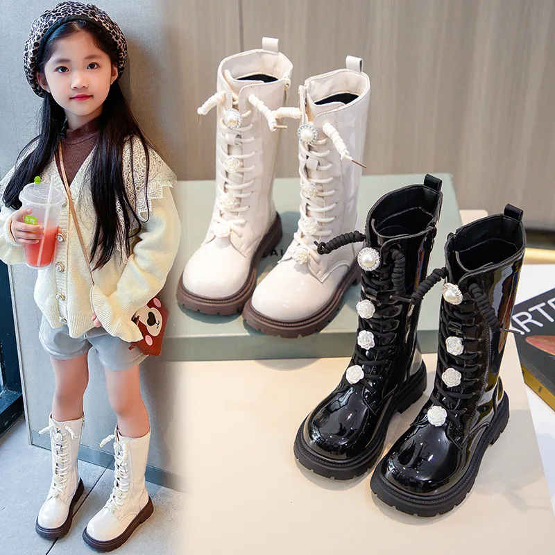 Fashion Children Long Boots for Girls Patent Leather Princess Knight Boots Autumn Winter Flower Versatile Girls Shoes Ботинки